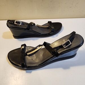 STUART WEITZMAN  Black Patent Leather Wedge Sandals Size 7.5